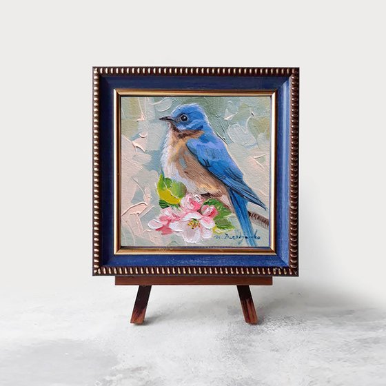 Bluebird on blossom branch painting