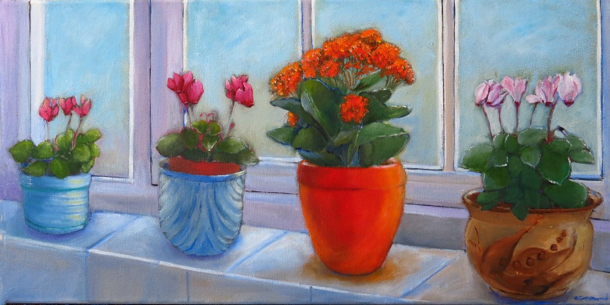 Impressionistic Botanical Oil Painting By Maureen Greenwood, 24 X 12", On My Kitchen Window, Original Artwork