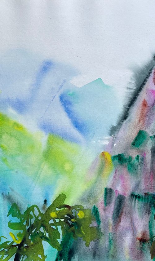 Mountain Watercolor Painting, Foggy Landscape Original Painting, Cozy Home Decor, Green Wall Art by Kate Grishakova