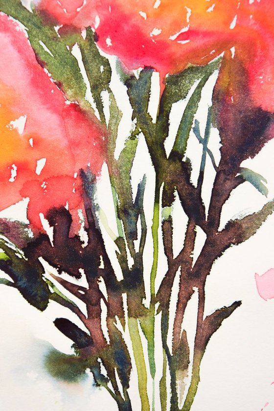 Abstract flowers bouquet original watercolor painting, botanical artwork, gift for her