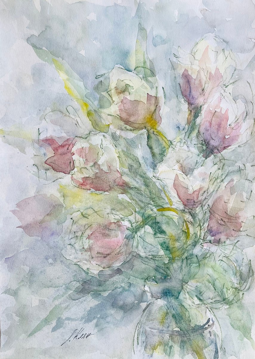 Impressionistic Botanical Painting By Elena Klyan, 12 X 16, Tulips 30X42 Cm 2025, Original Artwork
