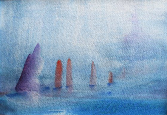 YACHTS in the MIST, ANGLESEY. Original Seascape Watercolour Painting.