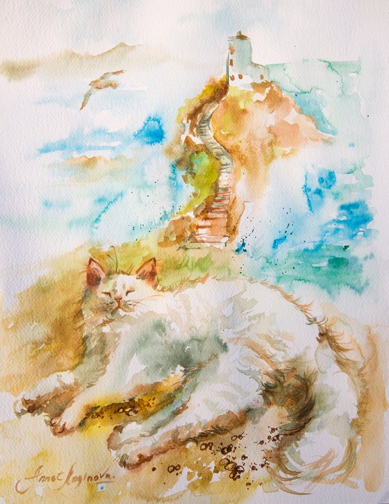 White cat, Watercolor original art