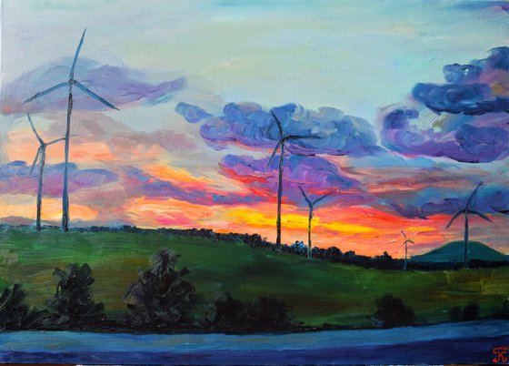 Slovak original oil painting on canvas Wind park on hills in sunset