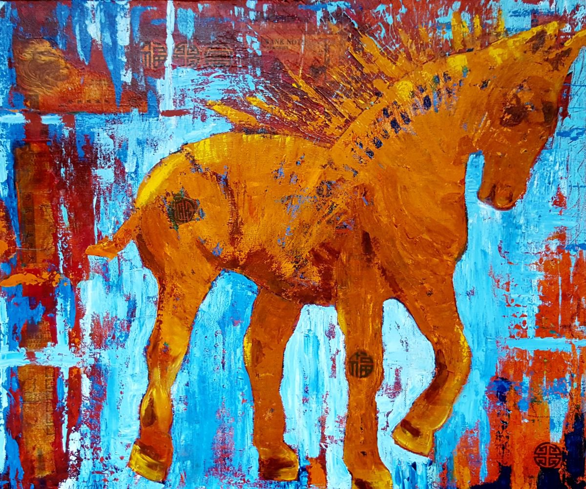 Impressionistic Animal Oil Painting By Cathy Maiorano, 24 X 20, Horse Of Good Fortune, Original Artwork
