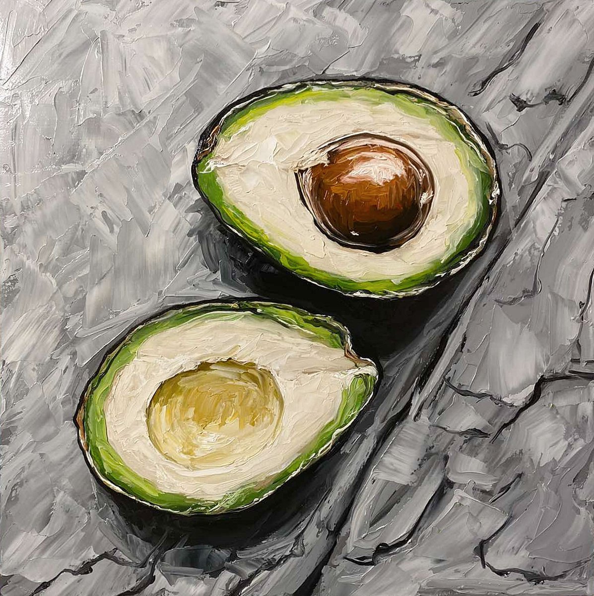 Photorealistic Still Life Oil Painting By Elena Adele Dmitrenko, 16 X 16, Avocado #4, Original Artwork
