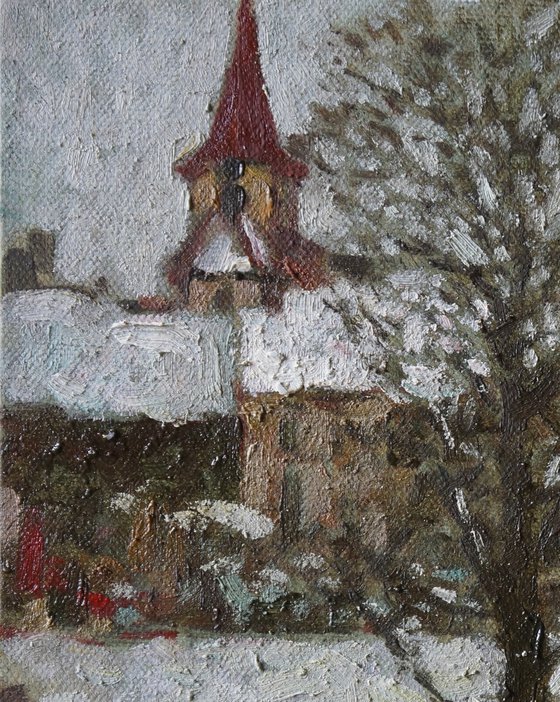 Original Oil Painting Wall Art Signed unframed Hand Made Jixiang Dong Canvas 25cm × 20cm Landscape Snowy Farm near Prague Small Impressionism Impasto