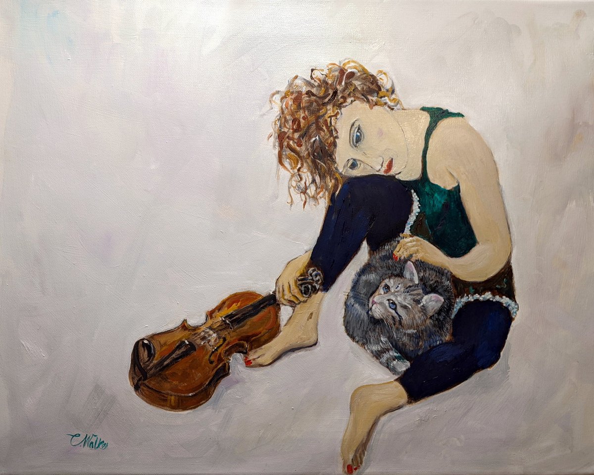 Portrait Oil Painting By Chris Walker, 20 X 16, Cat &Amp; Fiddle, Tribute To Egon Schiele, Original Artwork