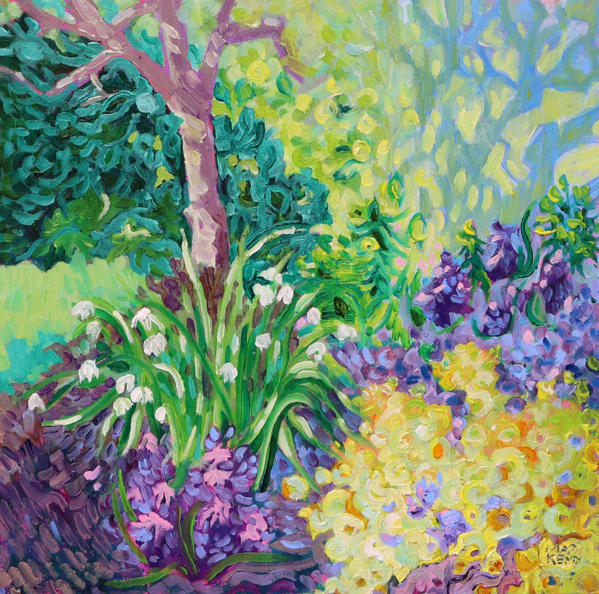 Impressionistic Botanical Oil Painting By Mary Kemp, 12 X 12", Garden, Early Spring, Original Artwork