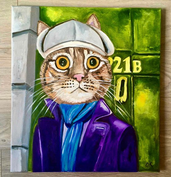 Troy The  Cat- Sherlock Holmes  Baker  Street 221 B   oil painting for cat lovers.