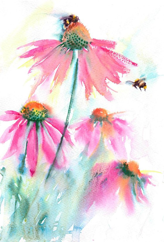 Bees on pink flowers, original watercolour painting, Bees on Echinacea, Floral watercolour,