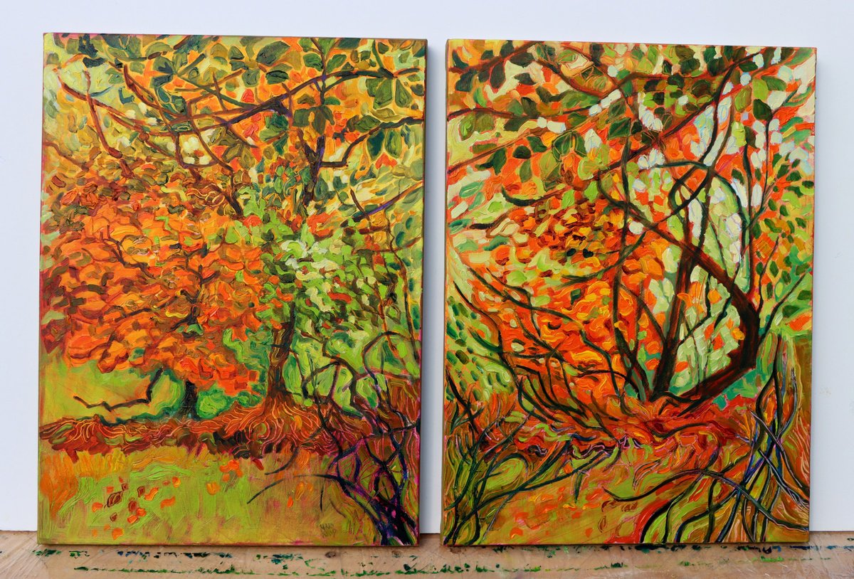 Impressionistic Landscape Oil Painting By Mary Kemp, 24 X 16", Autumn Memories Diptych, Original Artwork