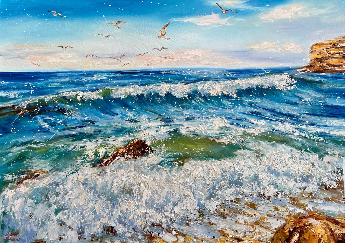 Impressionistic Animal Oil Painting By Diana Malivani, 28 X 20, The Sea. Gulls, Original Artwork