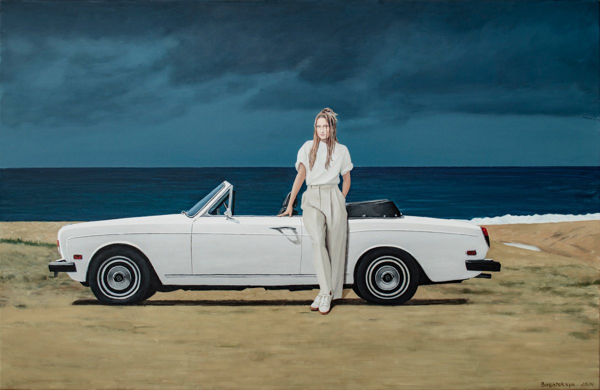 Photorealistic Portrait Acrylic Painting By Nataliya Bagatskaya, 39 X 26", When Beach Is Parking Lot, Original Artwork