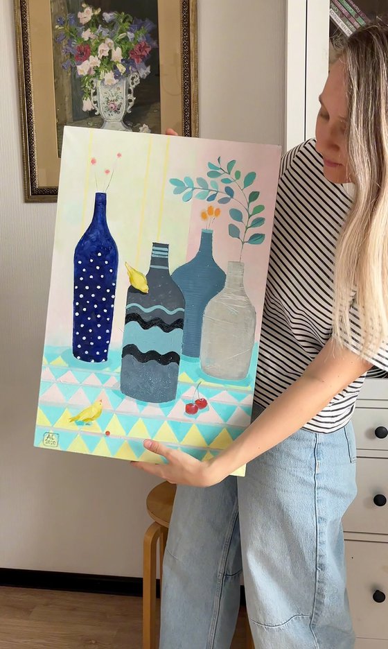 Still life with blue bottles