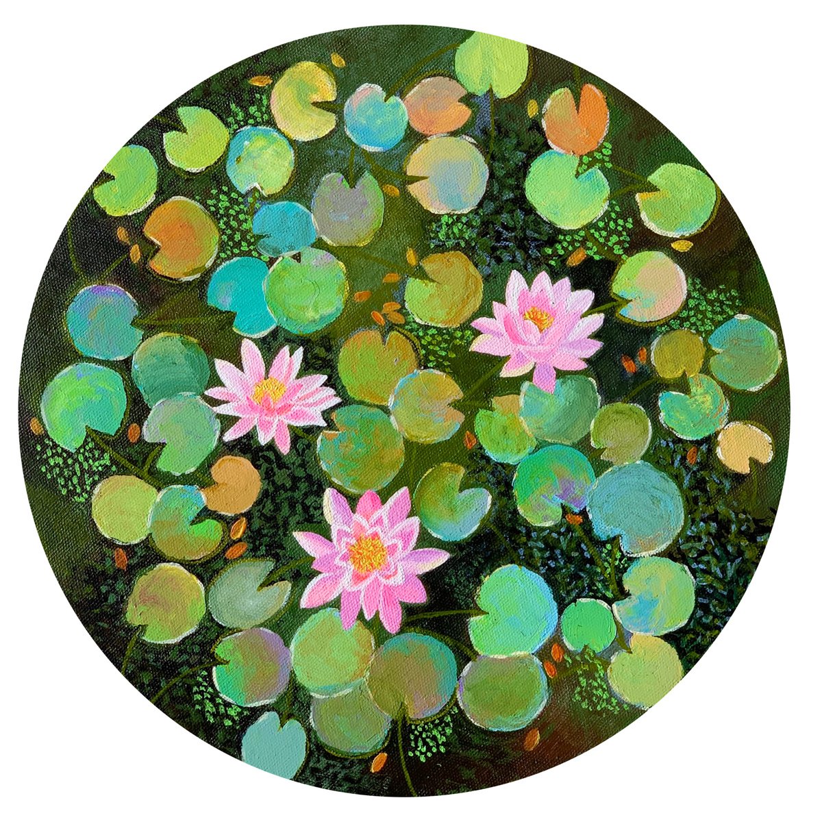 Pink water lilies pond! 12 inches round canvas and ready to hang by Amita Dand