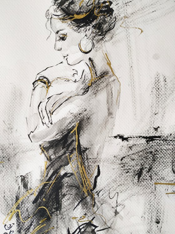 Woman ink drawing series-Figurative drawing on paper