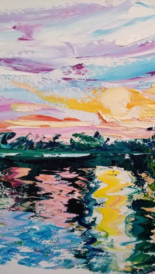 Sunset at the river. Pleinair painting by Dmitry Fedorov