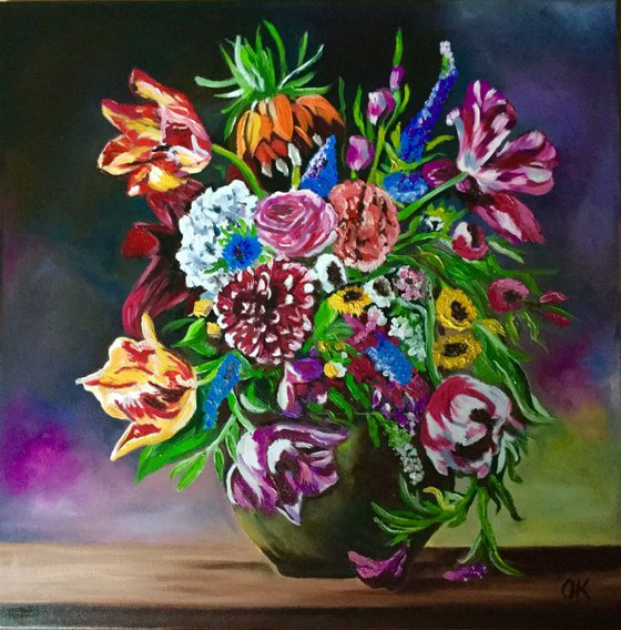 Bouquet of flowers.  Tulips, dahlias, hydrangeas, carnations, lilies in a vase