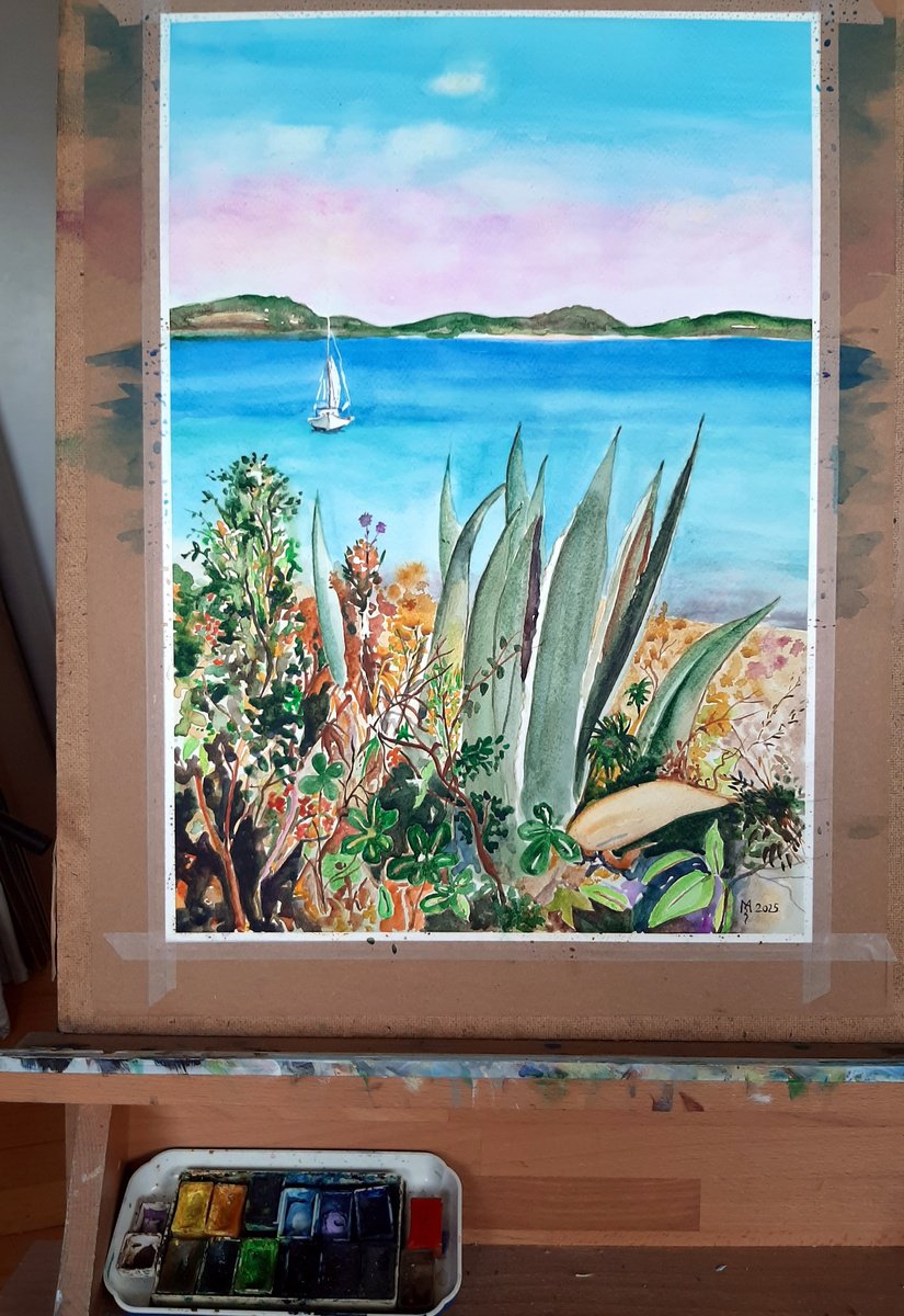 Impressionistic Watercolour , Seascape With Agaves By Zoran Mihajlovic Muza, 13 X 19, Artwork For Sale On Artfinder