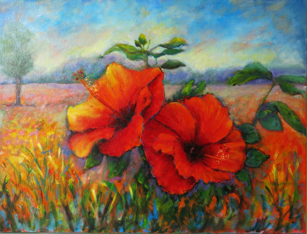 Hibiscus Flowers in a landscape by Maureen Greenwood