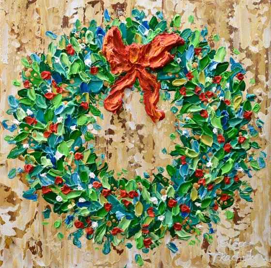 Holiday Wreath - Original Acrylic Painting, Textured Christmas Art