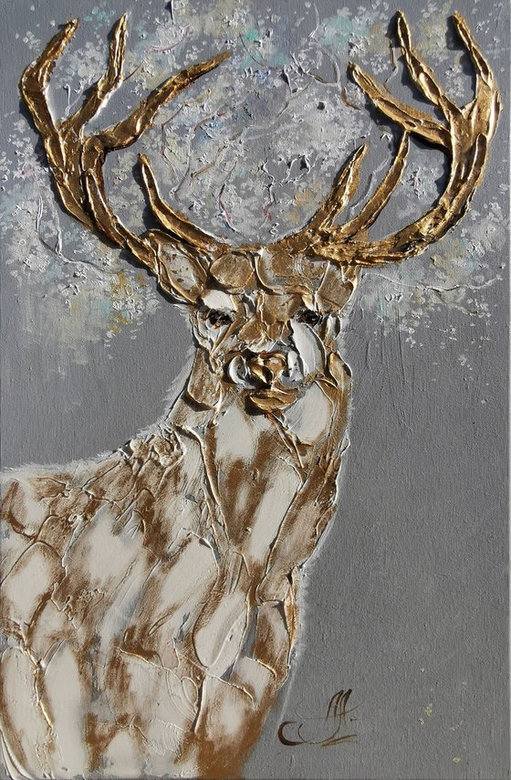 Golden deer Christmas decor, Oil painting original