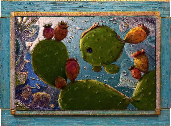 CACTUS FISH AQUARIUM - ( Framed painting )