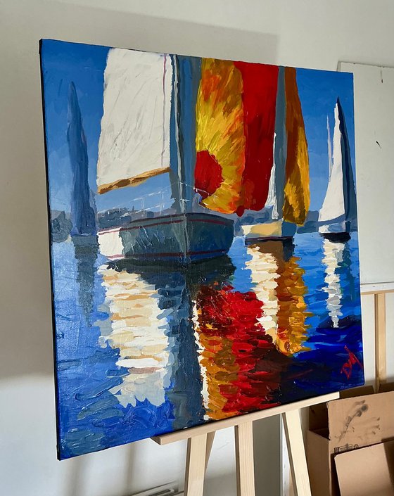Sailing Hues in Crimson, Gold and white
