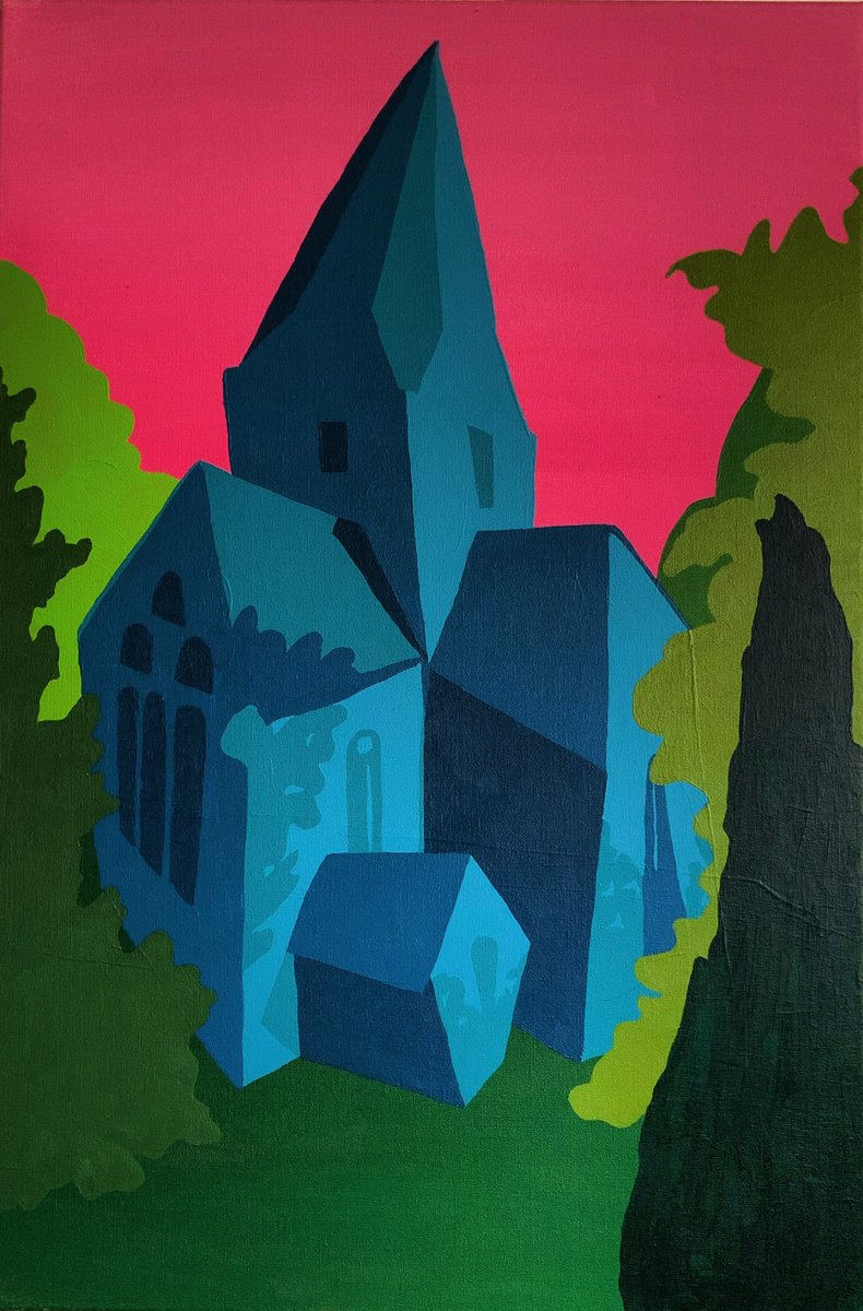 Geometric Cityscapes Acrylic Painting By Ewen Farr, 20 X 30, Alfreston, Original Artwork