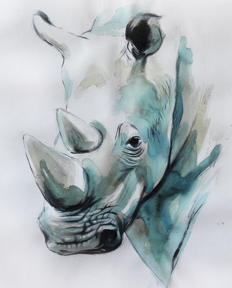 Expressive Animal Painting By Marie Madej, 14 X 18", Rhinoceros, Original Artwork