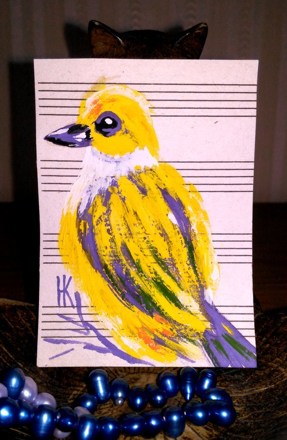 Tanager Painting ACEO Bird Original Art Silver-Throated Tanager Gouache Small Original Artwork 2.5 by 3.5" by Halyna Kirichenko