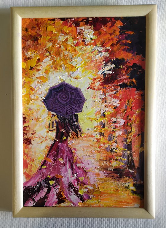 Autumn tango, original girl umbrella oil painting, Gift, art for home, for sale