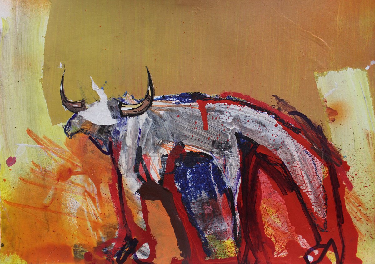 Expressive Portrait Acrylic Painting By Milos Hronec, 11 X 8", Artiodactyl, Original Artwork