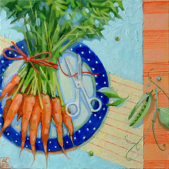 Still life with carrots and peas