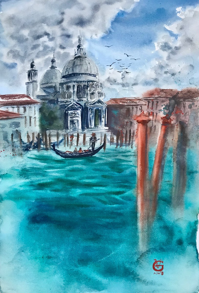 Impressionistic Landscape Watercolour By Valeria Golovenkina, 15 X 22", Santa Maria Della Salute, Original Artwork