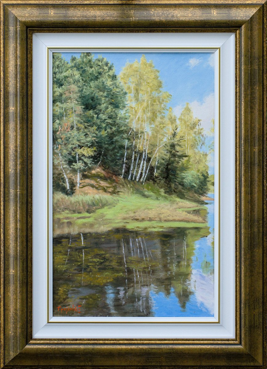 Impressionistic Landscape Oil Painting By Dejan Trajkovic, 17 X 23, Birches By The Bay, Original Artwork