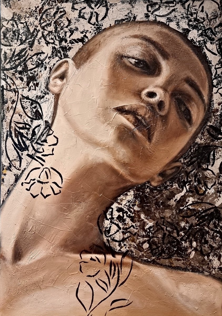 Expressive Portrait Oil Painting By Artmoods Tp, 17 X 24, Roses & Thorns 1, Original Artwork