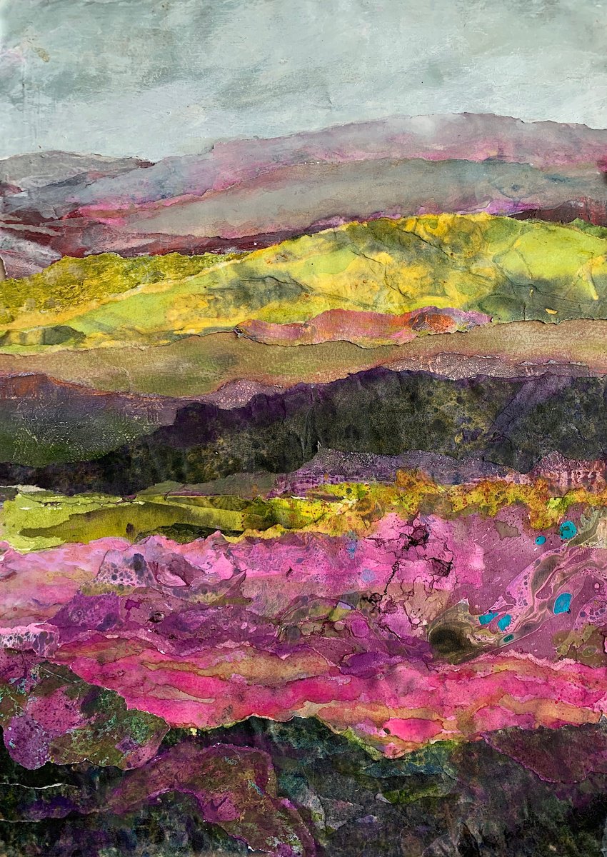 Expressive Landscape Painting By Suzsi Corio, 14 X 19", Heather On The Moors, Original Artwork