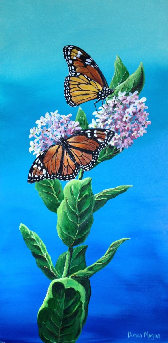 Photorealistic Animal Acrylic Painting By Donna Daniels, 14 X 24, Monarchs On Milkweed, Original Artwork