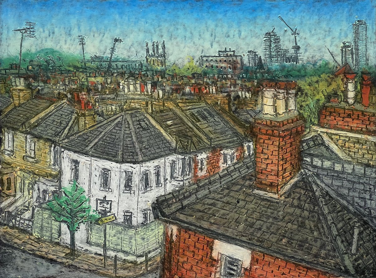 Expressive Cityscapes Pastel Drawing By David Lloyd, 8 X 6, Corner Chimney Stack 2, Original Artwork
