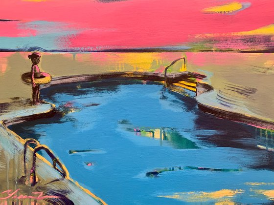 Bright painting - "Girl with float" - Pop Art - Landscape - Swimming pool