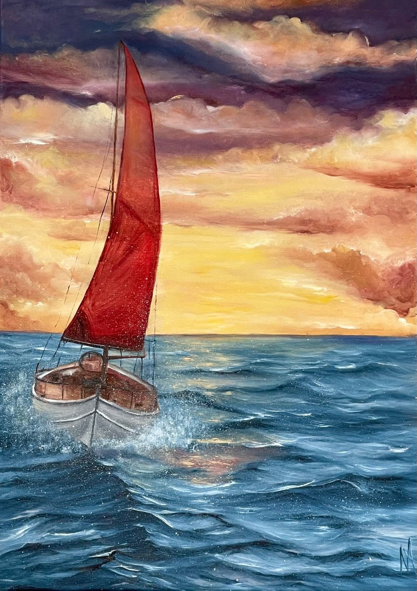 Expressive Landscape Oil Painting By Anastasiia Novitskaya, 20 X 28, Crimson Wind, Original Artwork