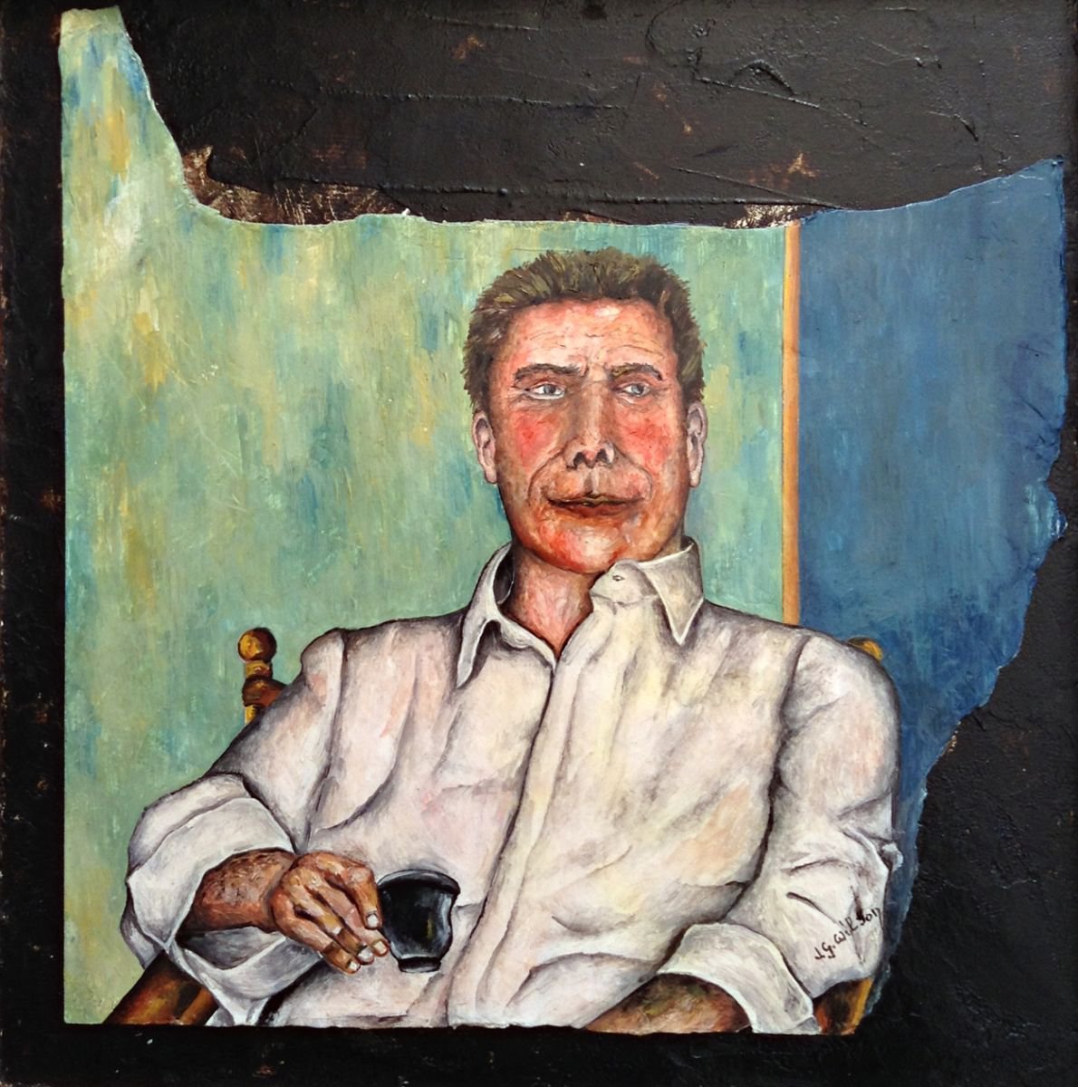 Portrait Oil Painting By Jg Wilson, 15 X 15, A Cup Of Coffee., Original Artwork