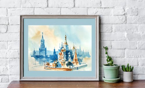Architectural landscape "Red Square Ensemble in Moscow" original watercolor painting by Ksenia Selianko