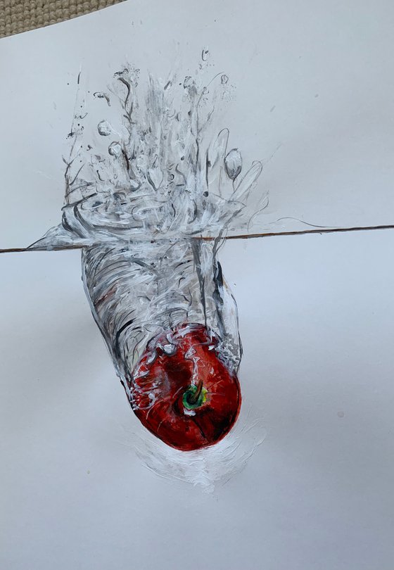 Red Apple Falling through Water Acrylic Painting Realistic Water Artwork On Paper Home Decor Gift Ideas