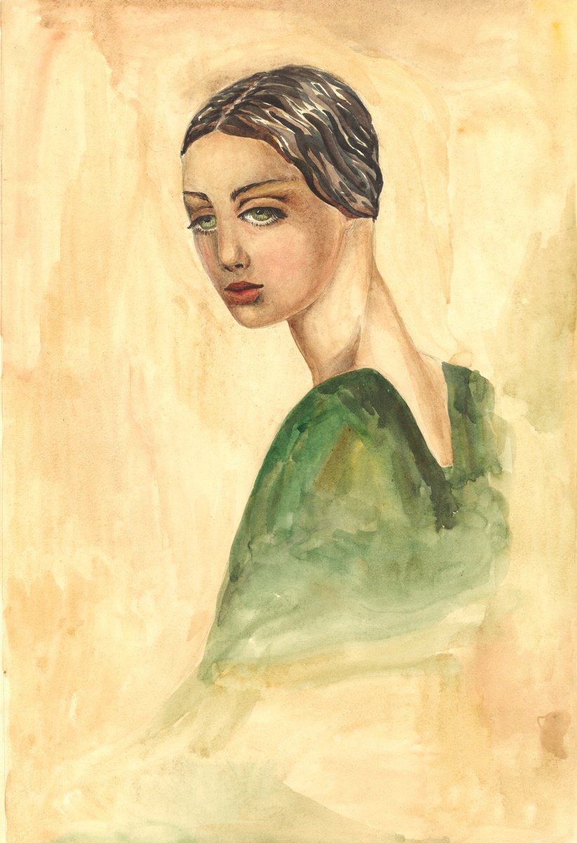 Impressionistic Portrait Watercolour By Sonata Art, 16 X 20", Vintage Muse And Yellow Background, Original Artwork