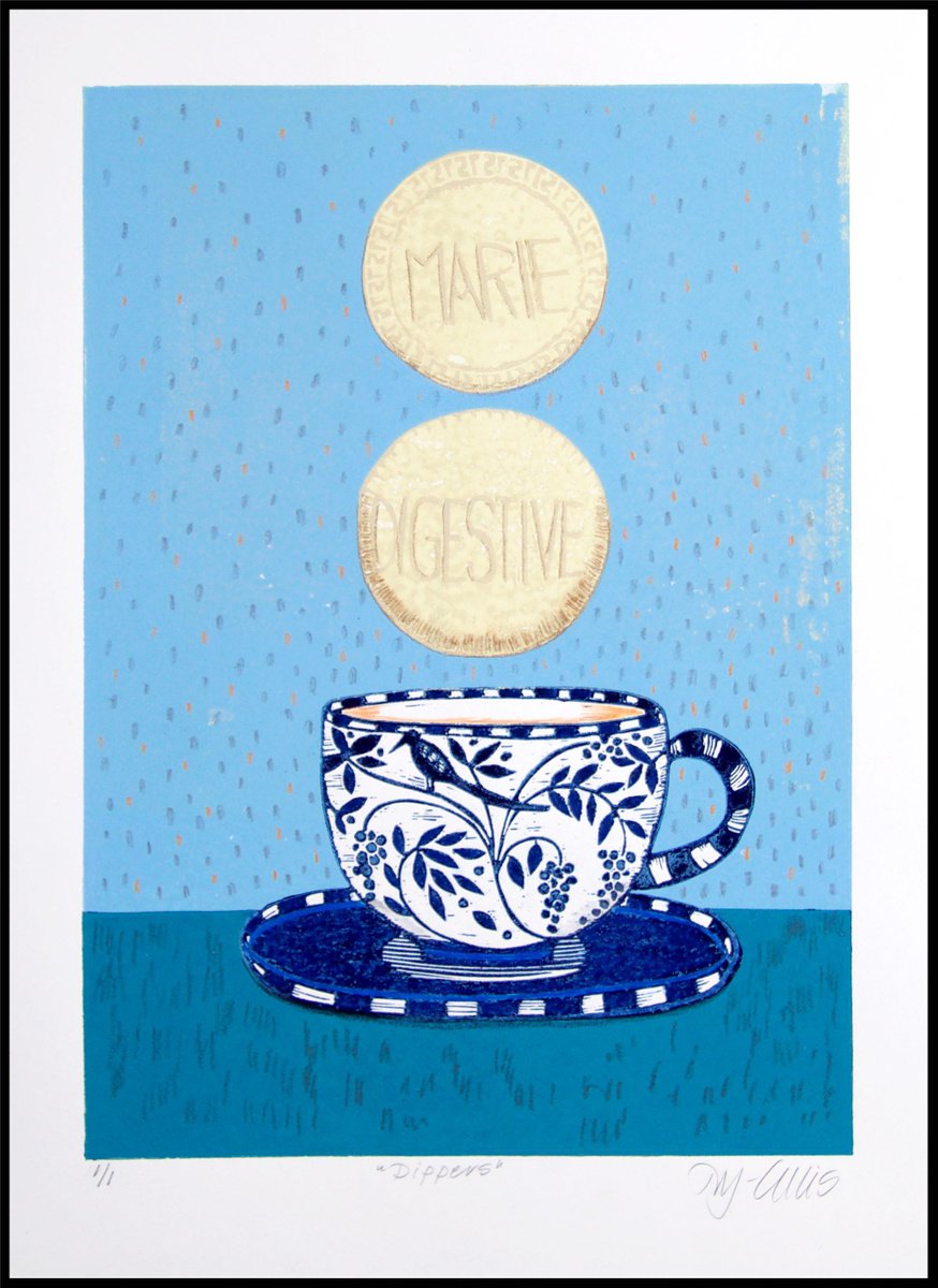 Dippers, linocut mixed media by Mariann Johansen-Ellis