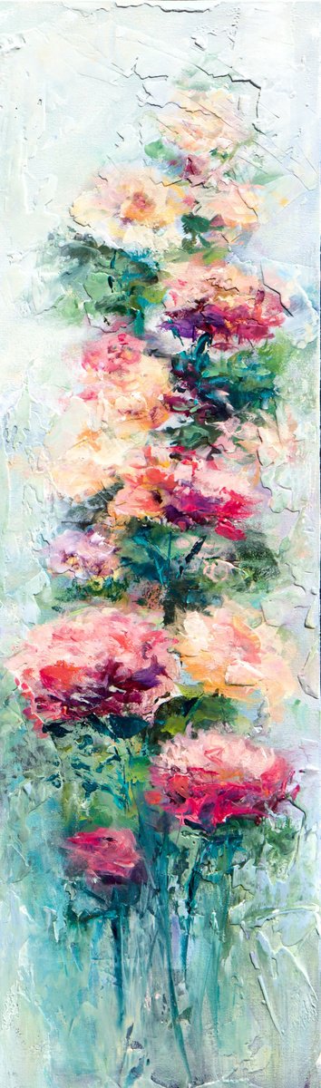 Impressionistic Botanical Acrylic Painting By Karen Hale, 12 X 40", Garden Impressions, Original Artwork