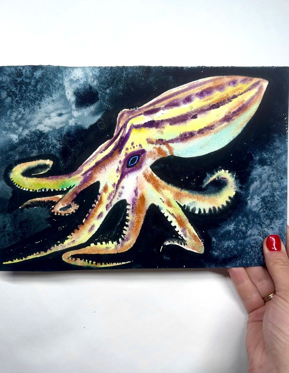 Expressive Animal Watercolour By Yuliia Sharapova, 16 X 12", Octopus Polpo In The Water, Original Artwork